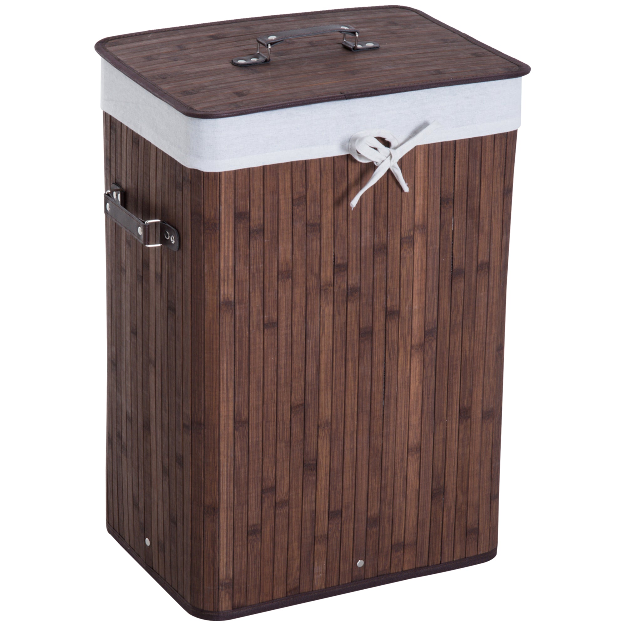 Cos de rufe din bambus cu capac si geanta detasabila din material, 40x30x60cm, maro