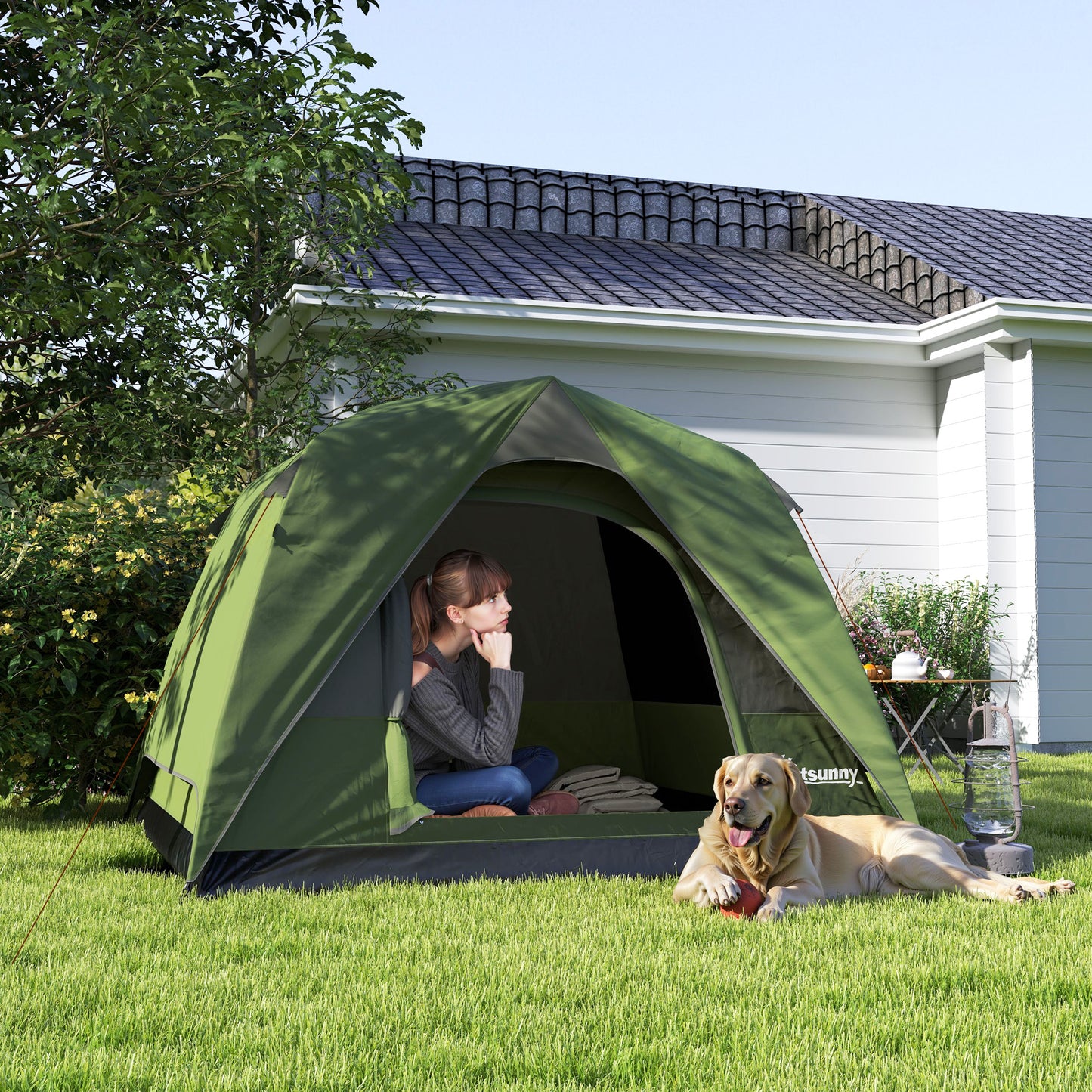 Cort de Camping pentru 3 Persoane cu Buzunare și Geantă de Transport, 200x200x135 cm, Verde