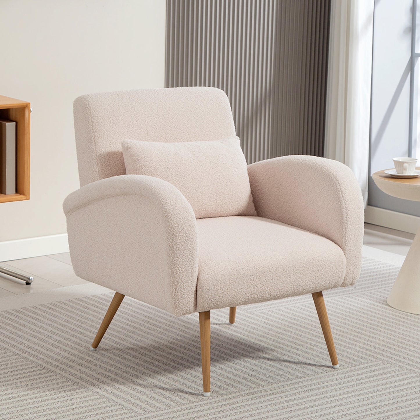 Fotoliu Modern pentru Living din Material Teddy cu Pernă Lombară Detasabilă, 77x77x83 cm, Bej