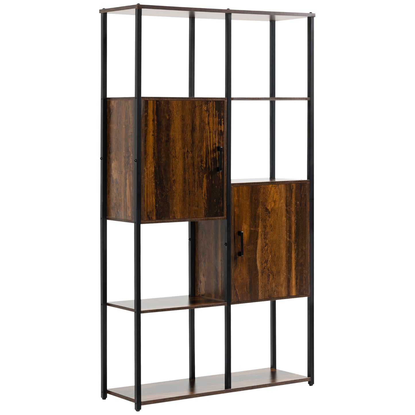 Biblioteca in stil industrial modern cu 4 rafturi si 2 dulapuri, rafturi din metal si lemn pentru casa si birou, 90x30x159,5 cm, negru si maro