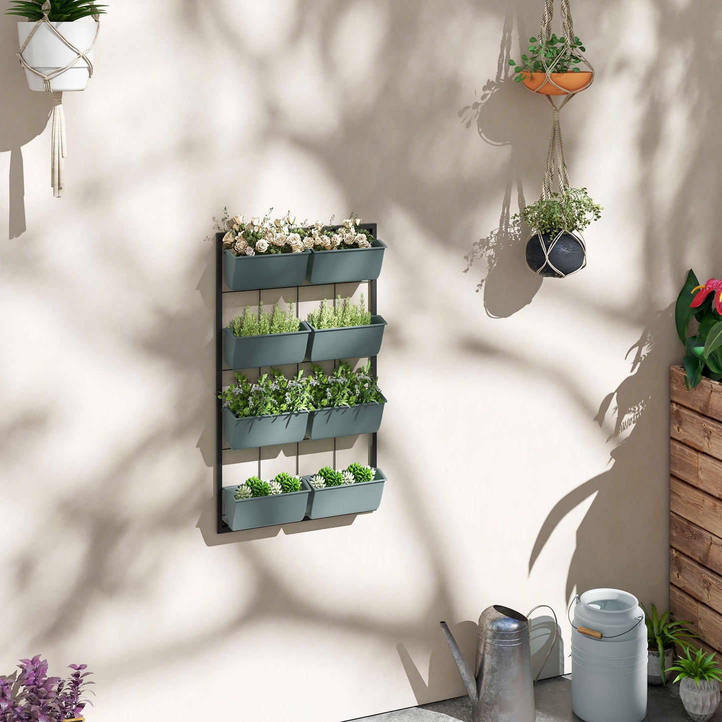 Trepte pentru Plante, 8 Ghivece Stivuibile, Rezistente la Intemperii, 52,5 x 14 x 90 cm, Gri + Negru