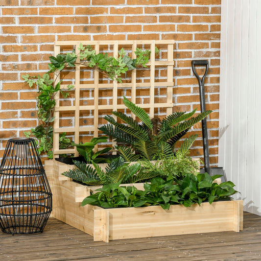 Jardiniera cu 3 Niveluri cu Grilaj pentru Catarat Vita de Vie, Paturi Suprainaltate din Lemn pentru Gradina, Jardiniera in Aer Liber pentru Legume, Flori, Ierburi, Nuanta Natur
