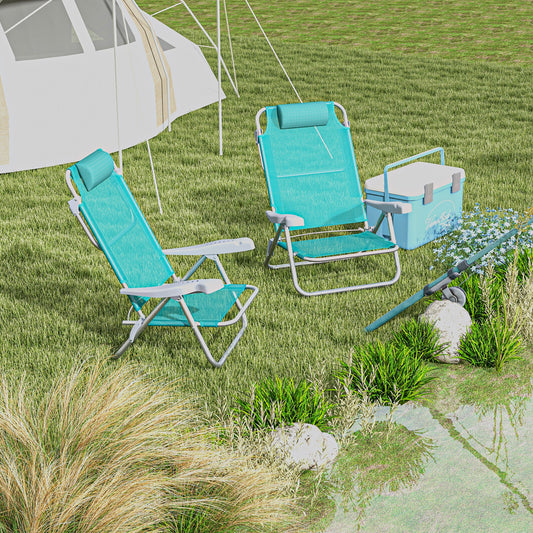Set 2 Scaune de Camping Pliabile cu Tetieră Căptușită și Spătar Reglabil în 6 Poziții, 62x65x80 cm, Albastru