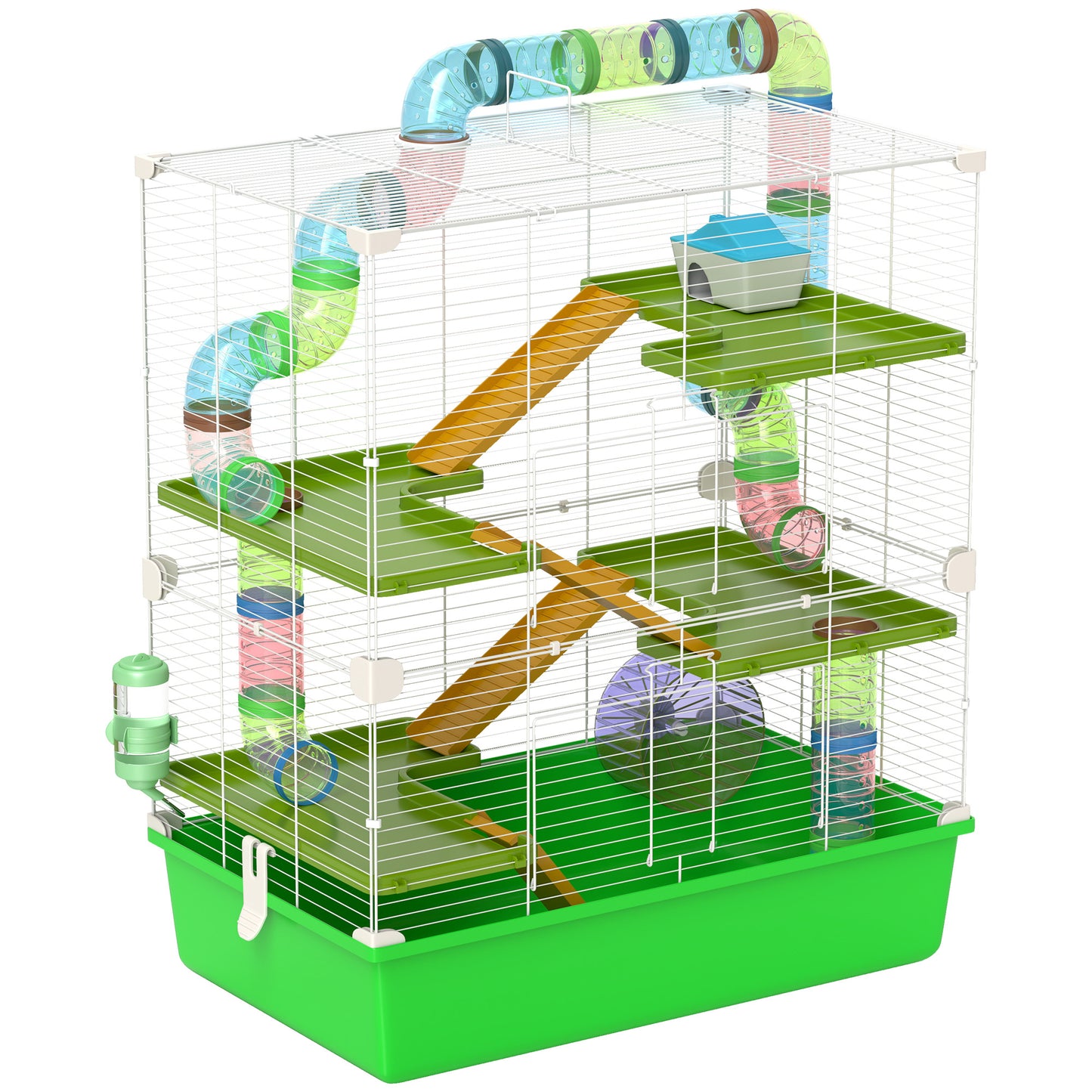 Cușcă pentru Hamsteri cu 5 Niveluri, cu Tuburi, Căsuță, Rezervor și Roată, din Oțel, PP și PS, 59x36x69 cm, Verde și Alb