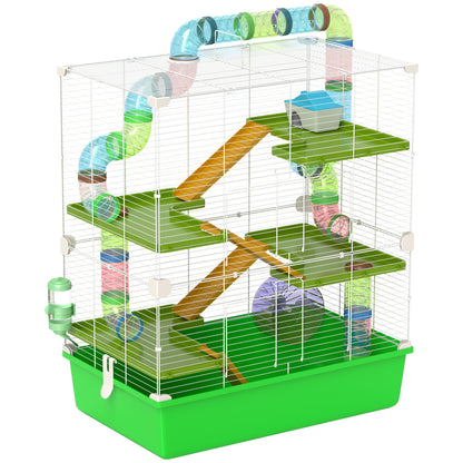Cușcă pentru Hamsteri cu 5 Niveluri, cu Tuburi, Căsuță, Rezervor și Roată, din Oțel, PP și PS, 59x36x69 cm, Verde și Alb