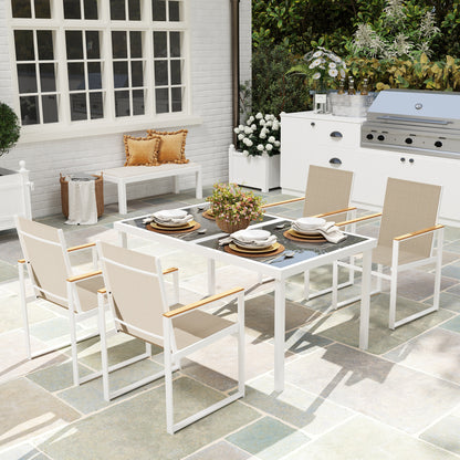 Set de Mobilier de Grădină cu 4 Scaune cu Brațe și Masă cu Blat din Sticlă Temperată, pentru Terase și Balcoane