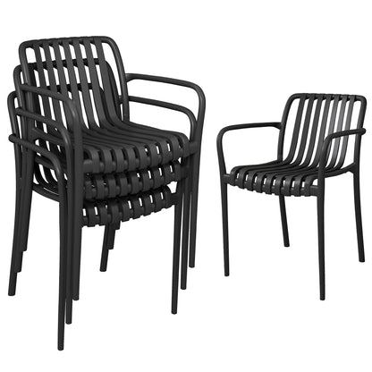Set de 4 Scaune Stivuibile , Scaune de Luat Masa pentru Exterior cu Spătar Curbat, Șezut cu Lamele și Brațe