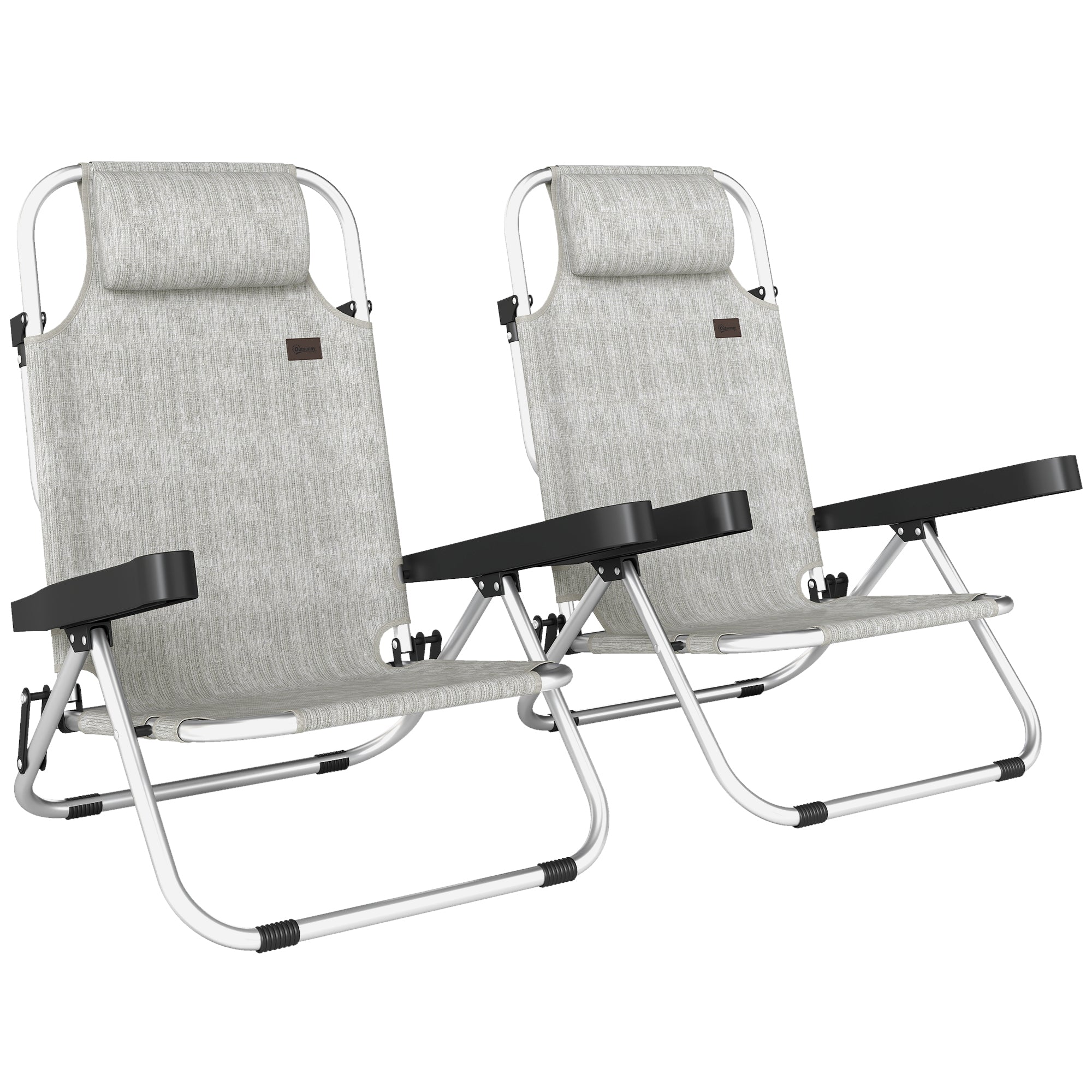 Set  2 Șezlonguri Pliabile și Reclinabile pe 4 Poziții cu Suport pentru Cap, din Aluminiu, 62x61x80 cm, Gri