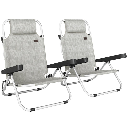 Set  2 Șezlonguri Pliabile și Reclinabile pe 4 Poziții cu Suport pentru Cap, din Aluminiu, 62x61x80 cm, Gri