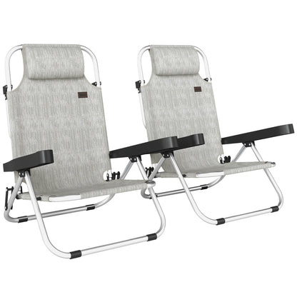 Set  2 Șezlonguri Pliabile și Reclinabile pe 4 Poziții cu Suport pentru Cap, din Aluminiu, 62x61x80 cm, Gri