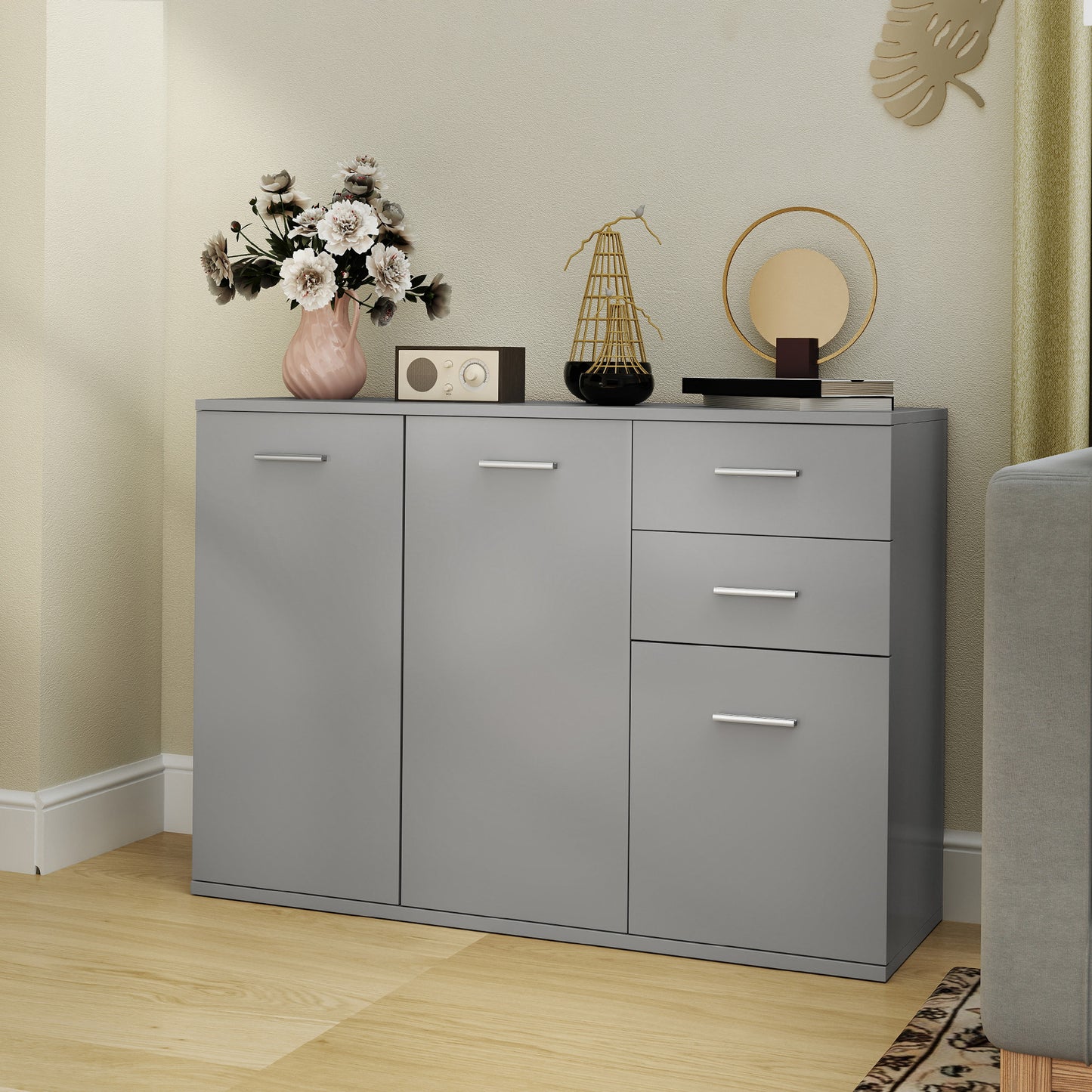 Bufet Modern cu 3 Dulapuri și 2 Sertare, din Lemn, 106x35x76 cm, Gri Deschis