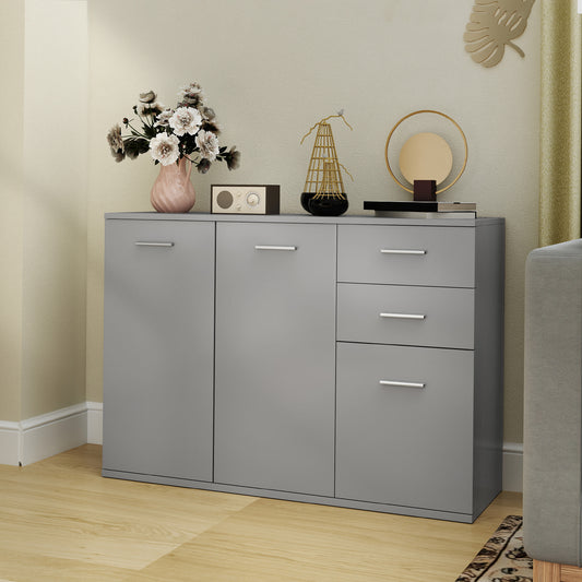 Bufet Modern cu 3 Dulapuri și 2 Sertare, din Lemn, 106x35x76 cm, Gri Deschis