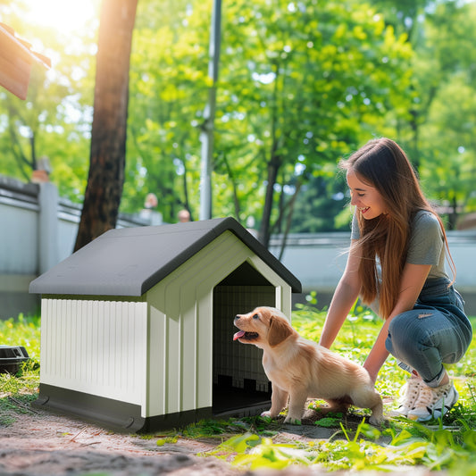 Niche pentru câine pentru exterior, adăpost impermeabil cu fereastră, din plastic, 62lungime x 61Lățime x 60Înălțime cm, gri