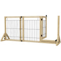 Poartă pentru Câini Extensibilă cu Ușă și 2 Panouri, Baze Triunghiulare, 112-159x70 cm, Lemn Natural