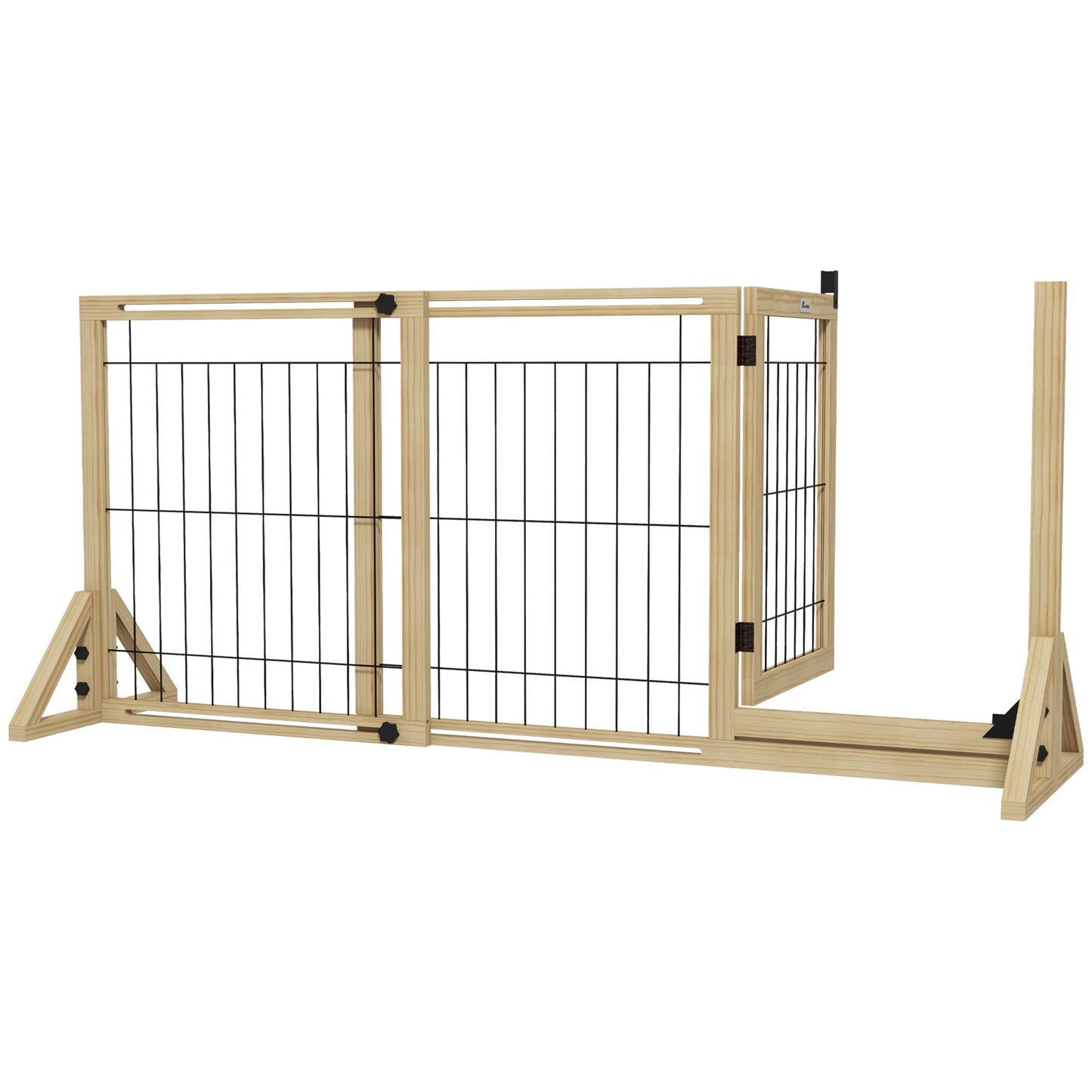 Poartă pentru Câini Extensibilă cu Ușă și 2 Panouri, Baze Triunghiulare, 112-159x70 cm, Lemn Natural