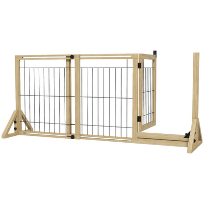 Poartă pentru Câini Extensibilă cu Ușă și 2 Panouri, Baze Triunghiulare, 112-159x70 cm, Lemn Natural
