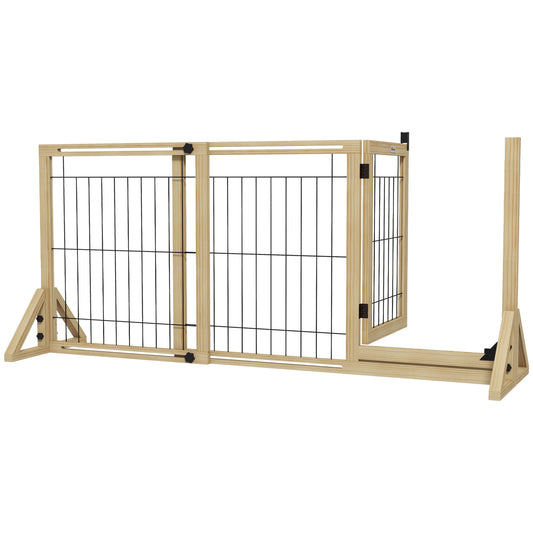 Poartă pentru Câini Extensibilă cu Ușă și 2 Panouri, Baze Triunghiulare, 112-159x70 cm, Lemn Natural