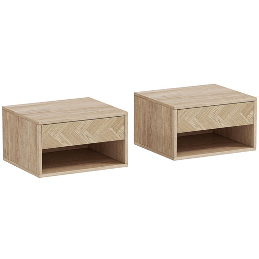 Set de 2 Noptiere Suspendate cu Sertar și Compartiment 37x32x21 cm Lemn Natural