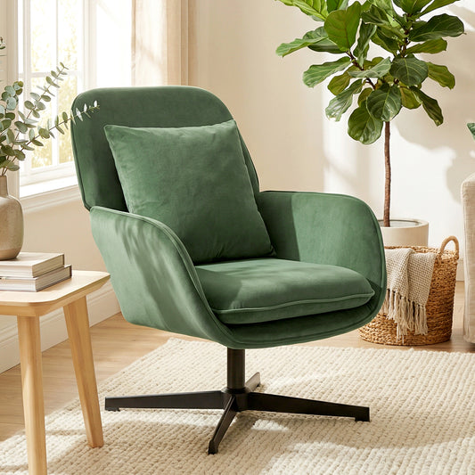Fotoliu de Salon Rotativ 360° cu Pernă Lombară Detașabilă, Șezut Generos, Fotoliu Tapițat Modern din Catifea cu Cotiere, pentru Living, 73x83.5x85 cm, Verde