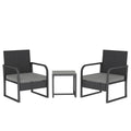 Set de Grădină 3 Piese din Rattan PE și Oțel, Set cu 2 Fotolii și Perne Lavabile, Masă de Cafea cu Blat din Sticlă, Mobilier de Balcon pentru Terasă sau Curte, Gri Închis și Negru