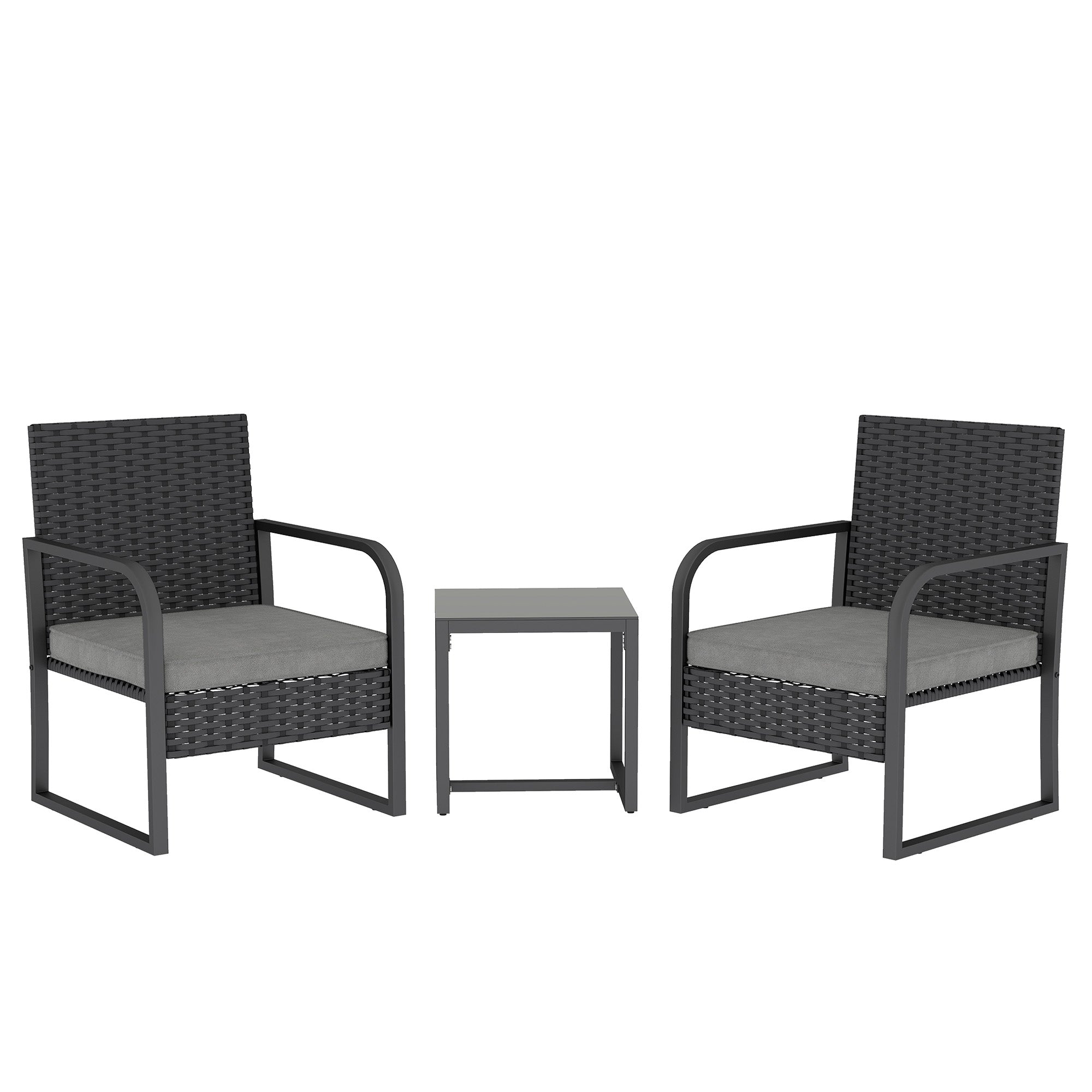 Set de Grădină 3 Piese din Rattan PE și Oțel, Set cu 2 Fotolii și Perne Lavabile, Masă de Cafea cu Blat din Sticlă, Mobilier de Balcon pentru Terasă sau Curte, Gri Închis și Negru