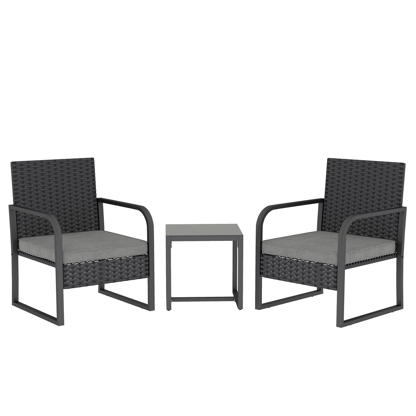 Set de Grădină 3 Piese din Rattan PE și Oțel, Set cu 2 Fotolii și Perne Lavabile, Masă de Cafea cu Blat din Sticlă, Mobilier de Balcon pentru Terasă sau Curte, Gri Închis și Negru