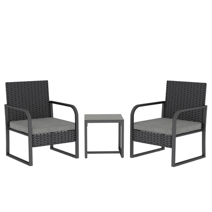 Set de Grădină 3 Piese din Rattan PE și Oțel, Set cu 2 Fotolii și Perne Lavabile, Masă de Cafea cu Blat din Sticlă, Mobilier de Balcon pentru Terasă sau Curte, Gri Închis și Negru