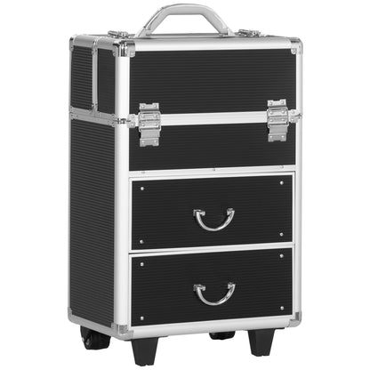 Valiza de make-up profesional din aluminiu si otel armat, cu incuietoare cu 2 chei si roti, negru 36x23x58cm