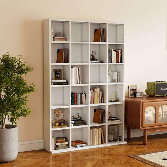 Bibliotecă din Lemn cu 24 Compartimente, Raft Organizator Cărți, CD-uri și Decorative, Alb, 130.5x89x20 cm