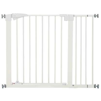 Poartă pentru Câini de Talie Mică și Medie cu Dublă Încuietoare și Închidere Automată, 76-103x4.2x77 cm, Alb