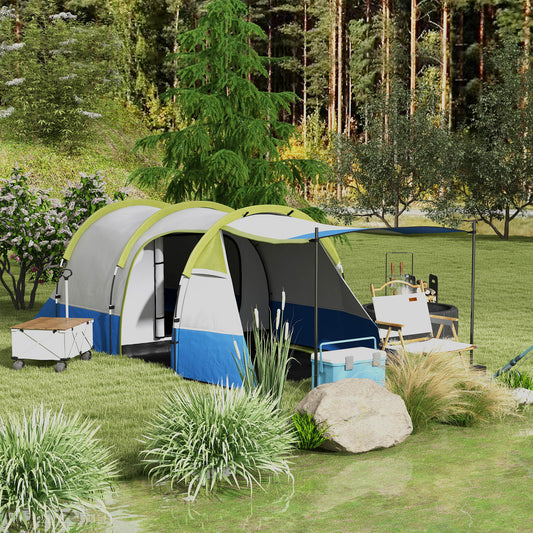 Cort de Camping  Impermeabil cu 2 Zone și 3 Intrări, din Poliester și Fibră de Sticlă, 420x200x150 cm, Verde