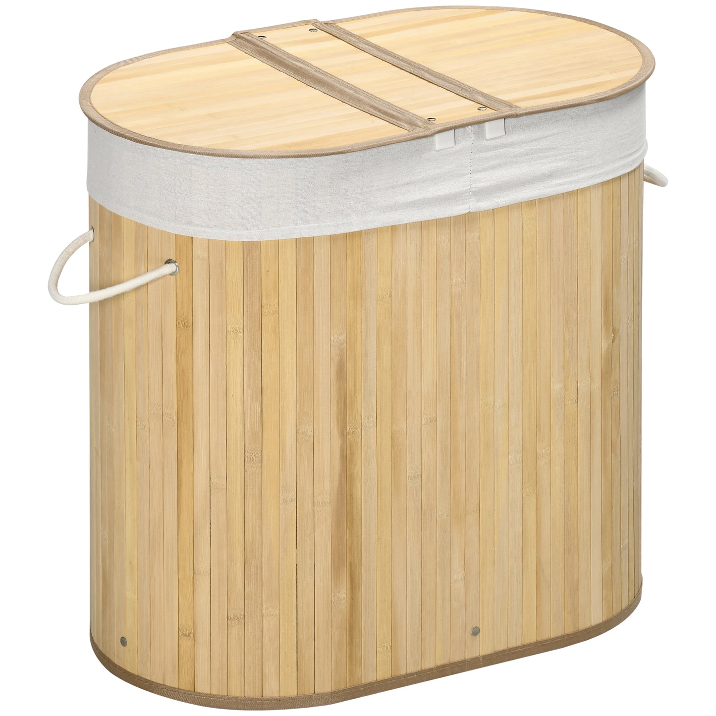 Cos de rufe din bambus cu capac, 100 litri cu 2 sectiuni, captuseala detasabila lavabila, 62,5 x 37 x 60,5 cm, natural