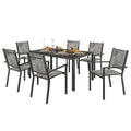 Set Masă de Grădină cu Scaune, 7 Piese, Set de Prânz cu Masă cu Blat din Lemn Compozit cu Șipci și 6 Scaune de Exterior Stivuibile, Mobilier din Oțel cu Texteline, Gri și Negru