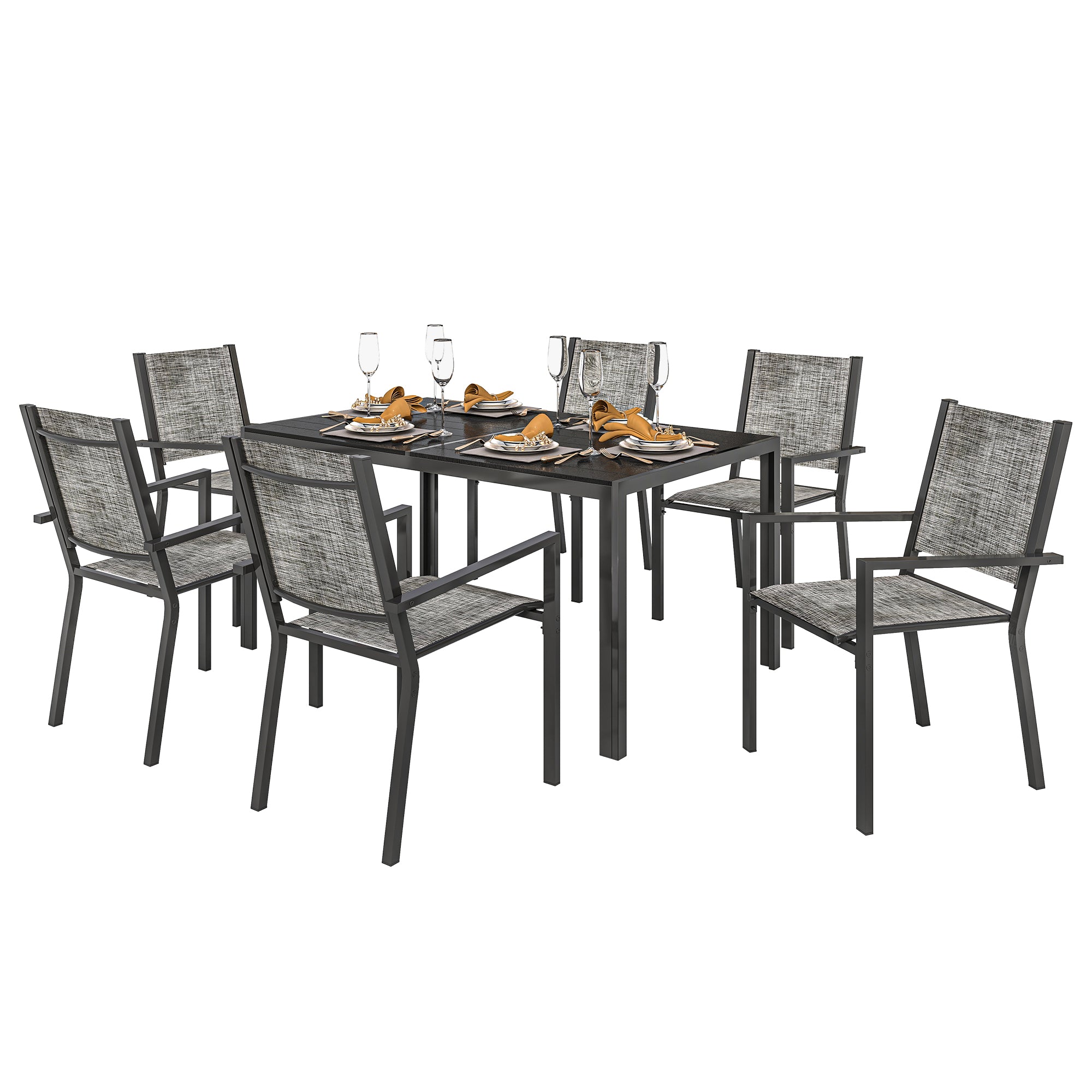 Set Masă de Grădină cu Scaune, 7 Piese, Set de Prânz cu Masă cu Blat din Lemn Compozit cu Șipci și 6 Scaune de Exterior Stivuibile, Mobilier din Oțel cu Texteline, Gri și Negru