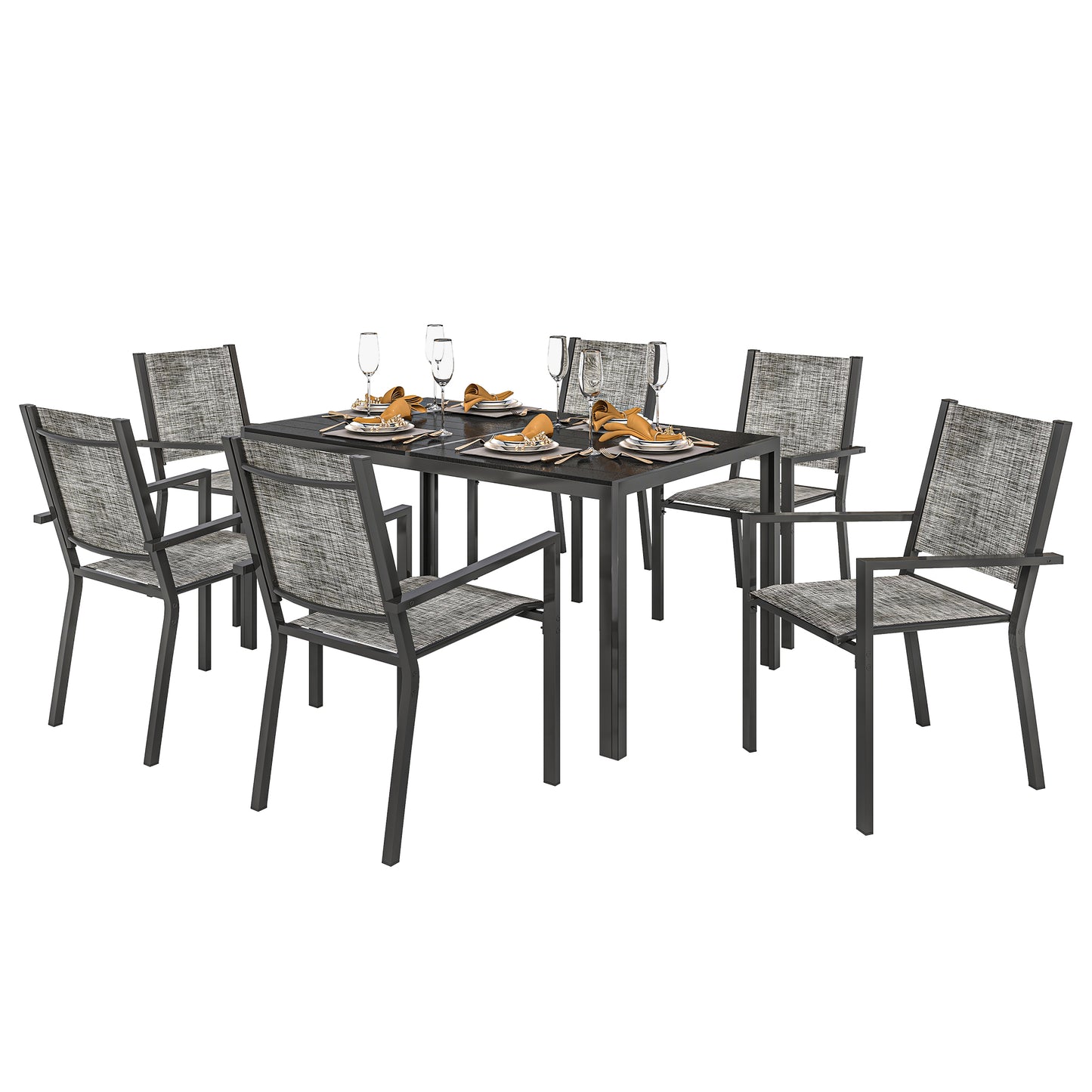 Set Masă de Grădină cu Scaune, 7 Piese, Set de Prânz cu Masă cu Blat din Lemn Compozit cu Șipci și 6 Scaune de Exterior Stivuibile, Mobilier din Oțel cu Texteline, Gri și Negru