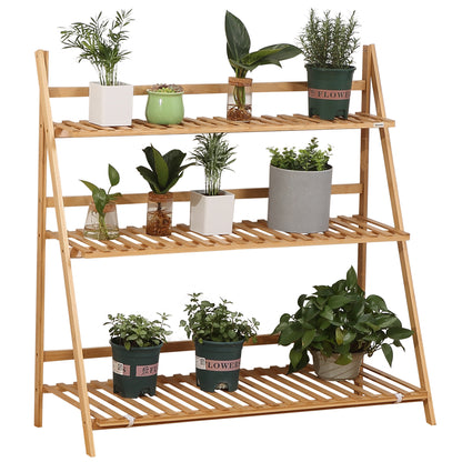 Jardiniera de exterior din bambus cu 3 niveluri cu design inaltat si pliabil, 98x37x96,5 cm, culoarea lemnului