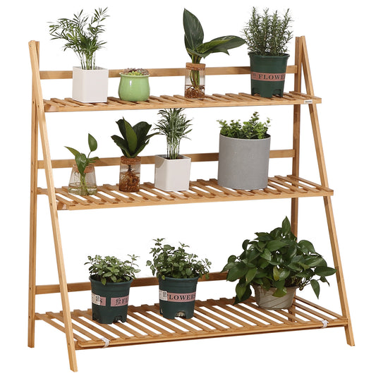 Jardiniera de exterior din bambus cu 3 niveluri cu design inaltat si pliabil, 98x37x96,5 cm, culoarea lemnului