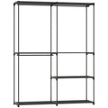 Dulap garderobă cu 2 bare și 4 rafturi, din material textil netesut, plastic și oțel, 142x43x185 cm, negru