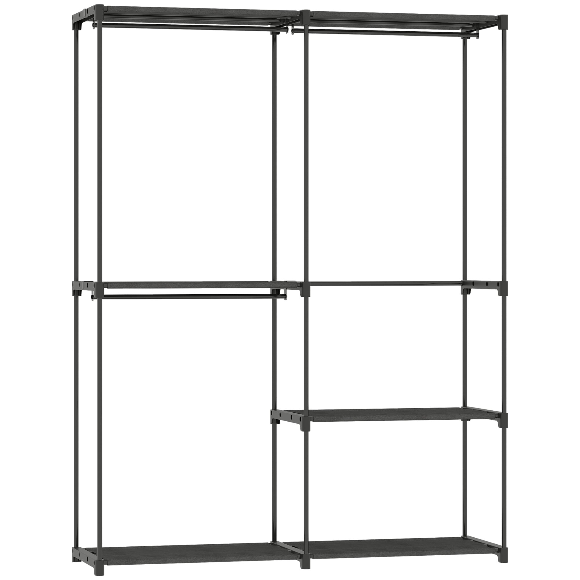 Dulap garderobă cu 2 bare și 4 rafturi, din material textil netesut, plastic și oțel, 142x43x185 cm, negru