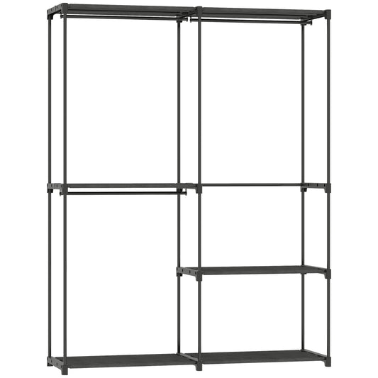 Dulap garderobă cu 2 bare și 4 rafturi, din material textil netesut, plastic și oțel, 142x43x185 cm, negru