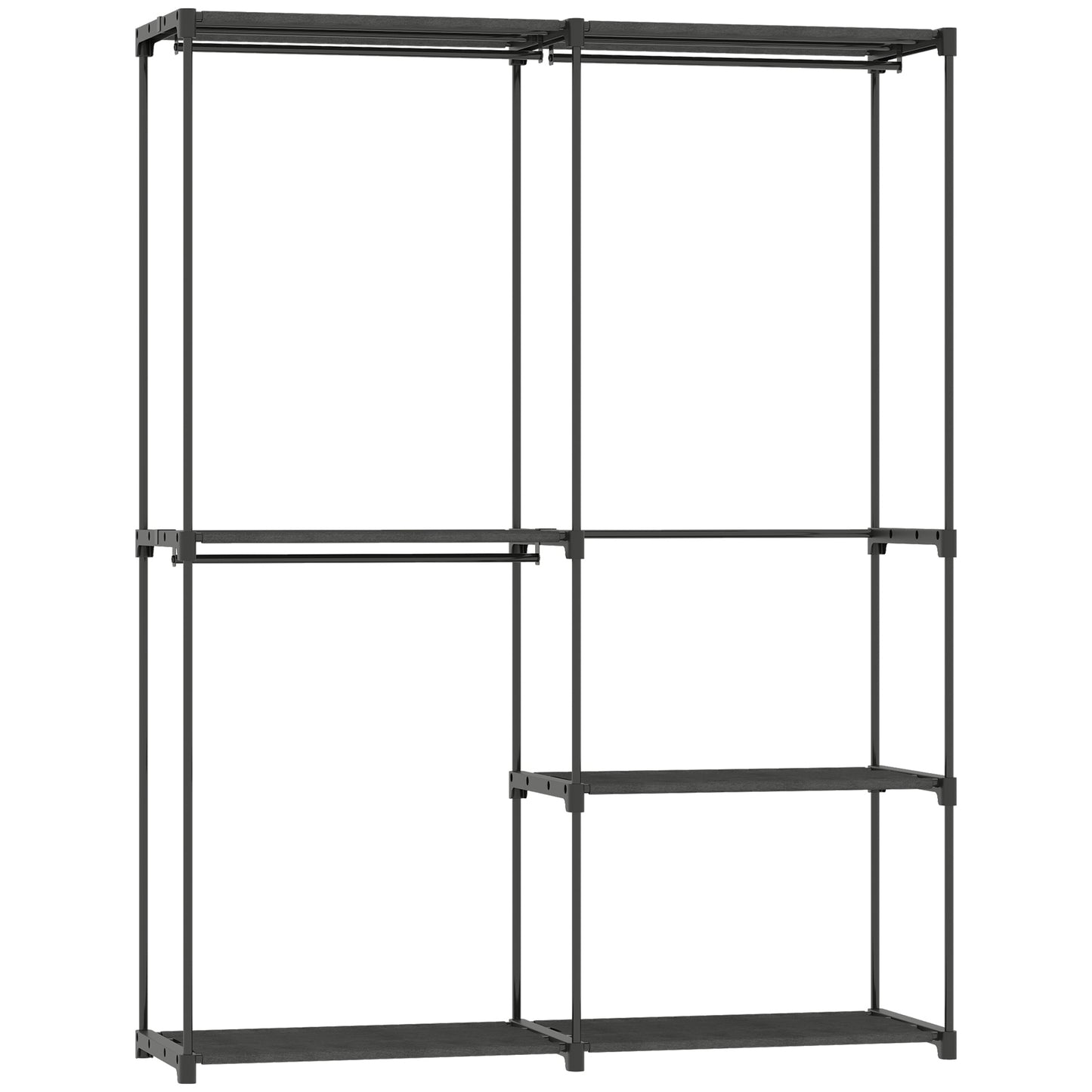 Dulap garderobă cu 2 bare și 4 rafturi, din material textil netesut, plastic și oțel, 142x43x185 cm, negru