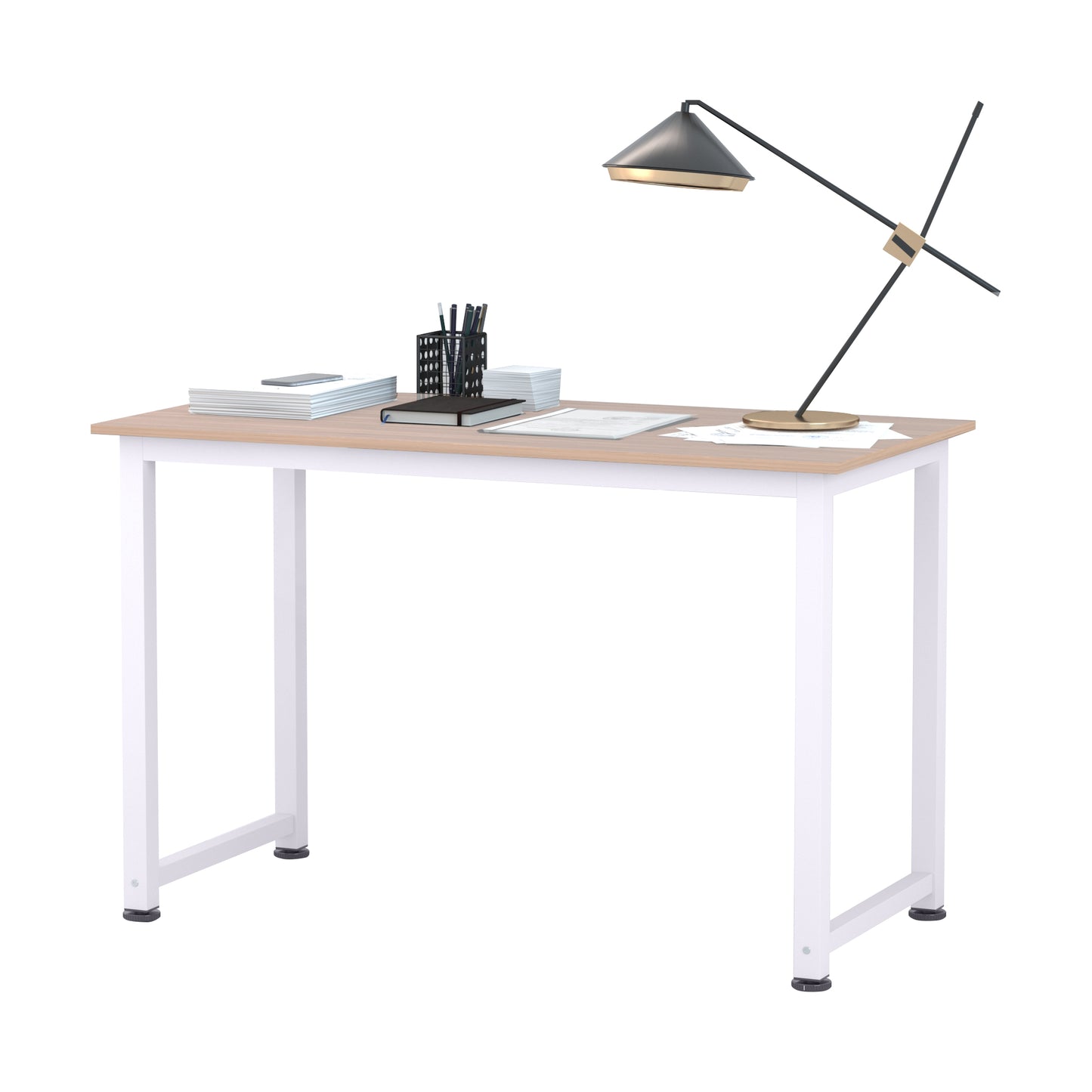 Birou Calculator, Masă de Birou Modernă cu Picioare din Metal Alb, Stil Scandi, Culoare Stejar