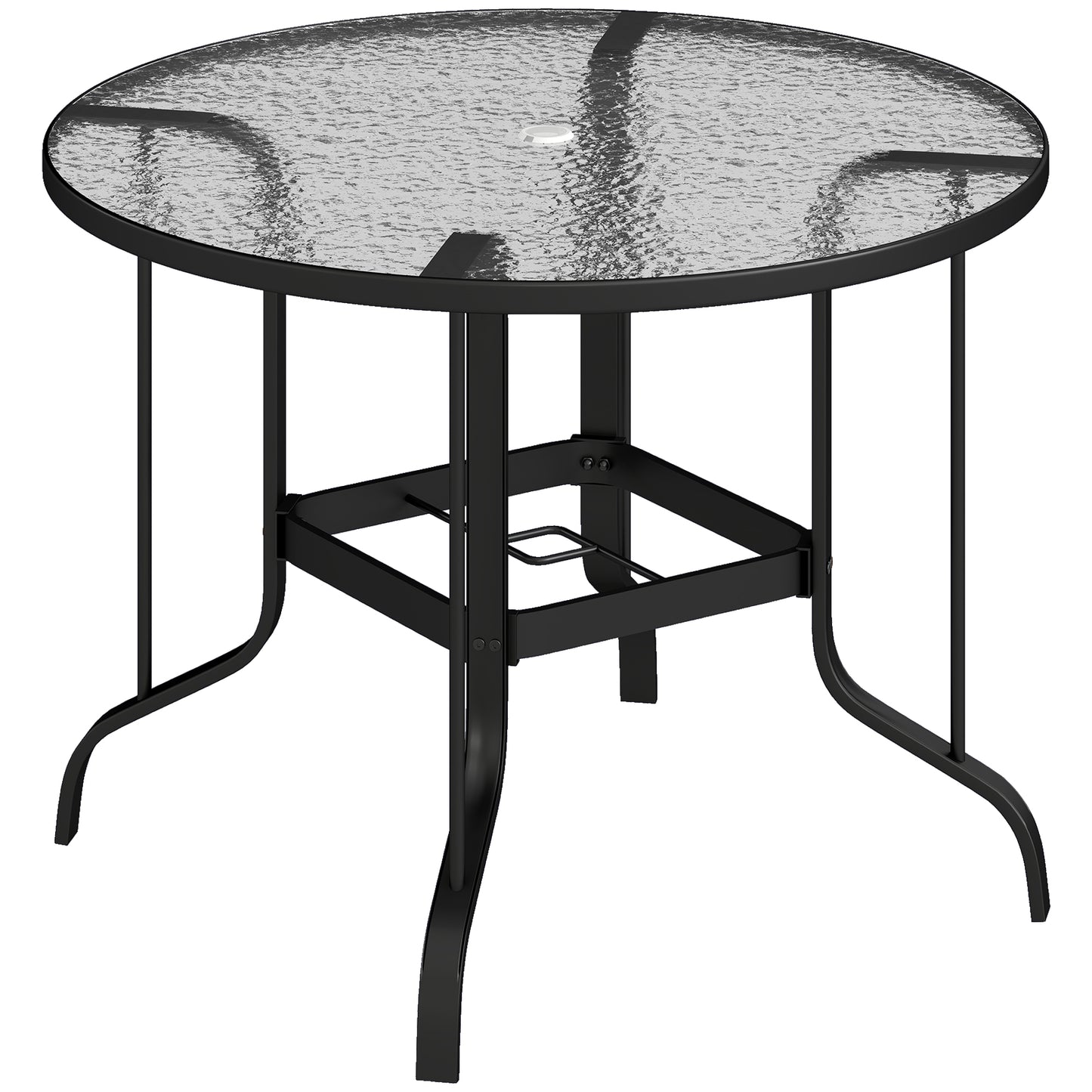 Masă de Grădină Rotundă cu Orificiu pentru Umbrelă, din Metal și Sticlă Temperată, Ø96,5x71 cm, Neagră