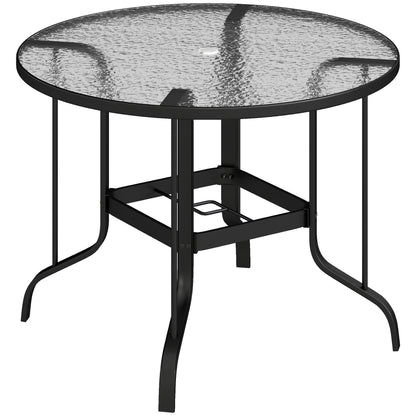 Masă de Grădină Rotundă cu Orificiu pentru Umbrelă, din Metal și Sticlă Temperată, Ø96,5x71 cm, Neagră