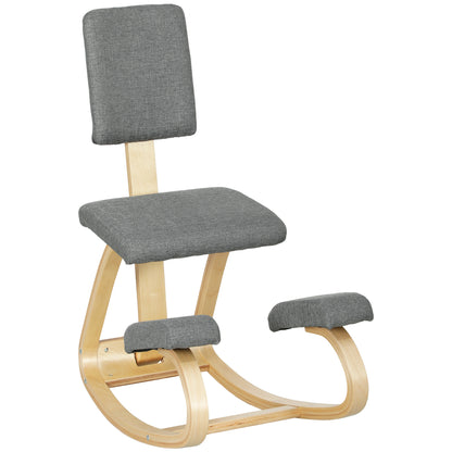 Scaun ergonomic tip genunchier balansant, din material textil cu efect de in și lemn de mesteacăn, 51x84x93 cm, gri