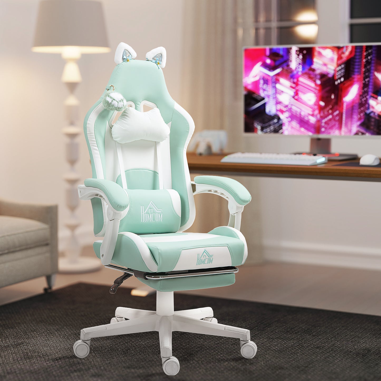 Scaun de Gaming Rabatabil cu Suport pentru Picioare și Perne, din Piele Ecologică și Spumă, 65x62x116-124 cm, Alb și Albastru