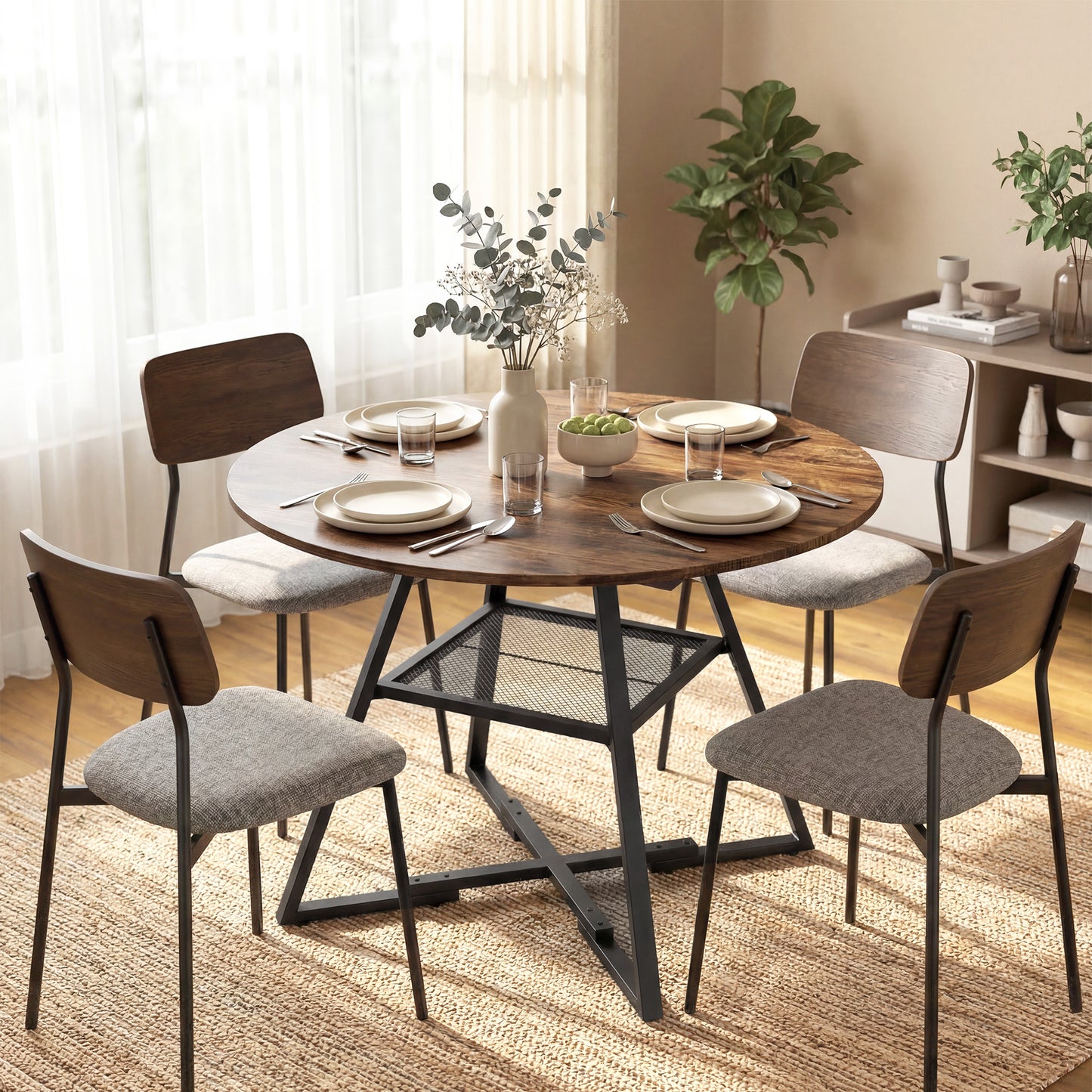 Masă de dining 4 locuri, 100 cm rotundă, bucătărie industrială, poliță de depozitare, maro rustic.