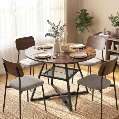 Masă de dining 4 locuri, 100 cm rotundă, bucătărie industrială, poliță de depozitare, maro rustic.
