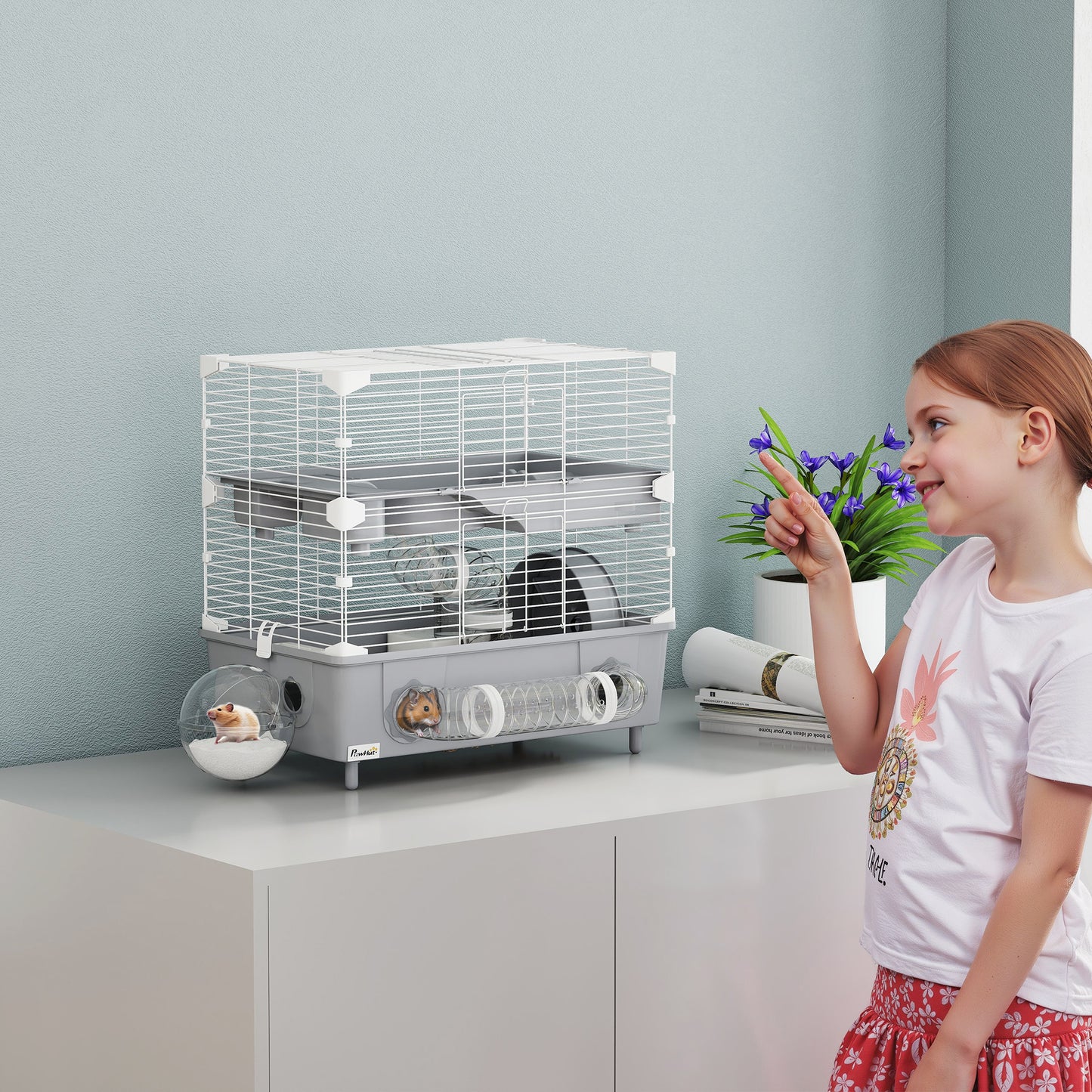 Cușcă pentru Hamsteri cu 2 Niveluri și 3 Uși, cu Roată și Tuburi, din Oțel, PS și PP, 44.5x28x44 cm, Gri și Alb