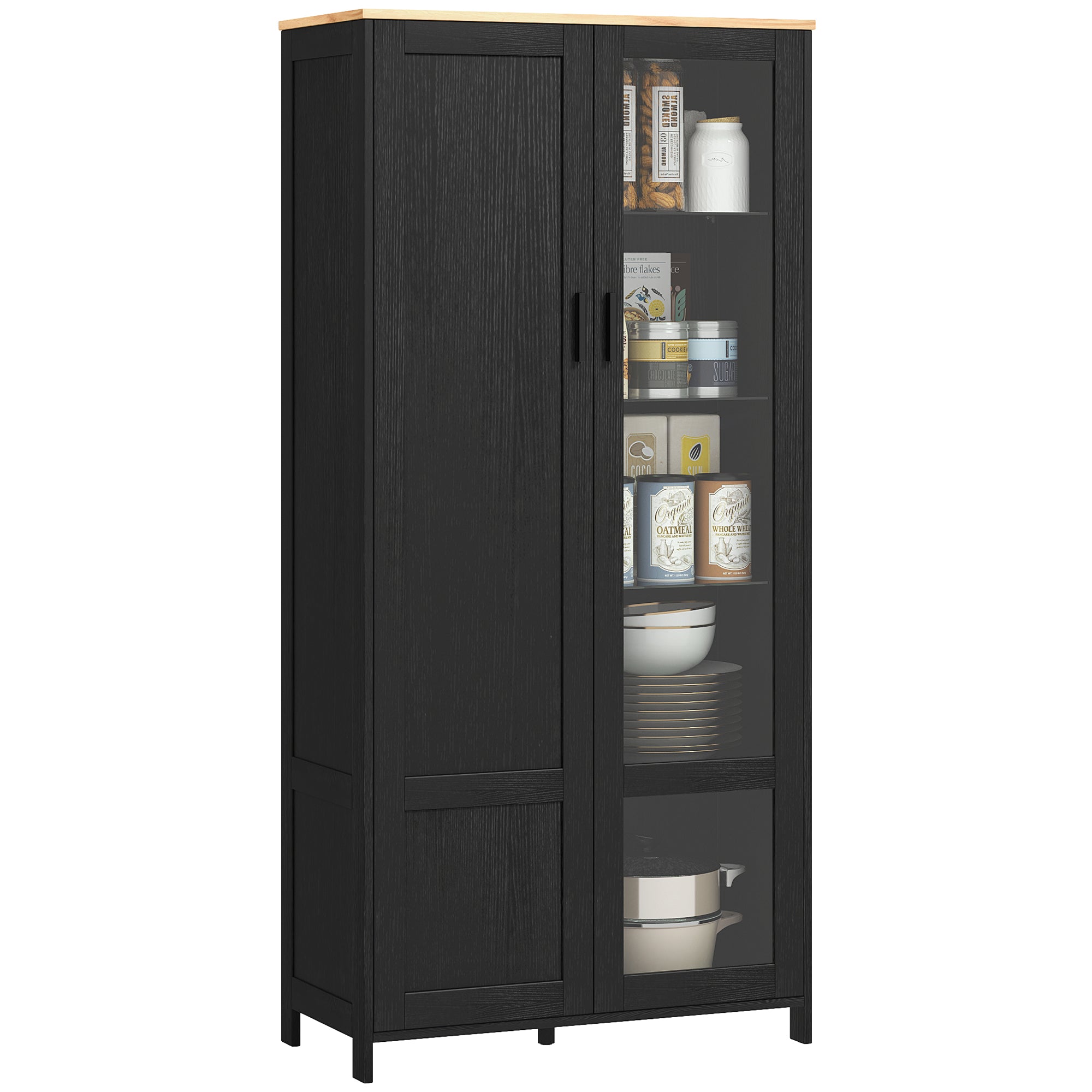 Dulap de Bucătărie cu 9 Rafturi Reglabile, cu Uși de Sticlă și Bază Înălțată din Lemn, 76x36x160 cm, Negru